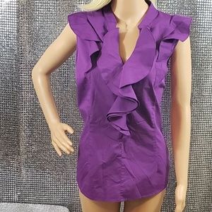 Purple Frilled Neckline Sleeveless Blouse